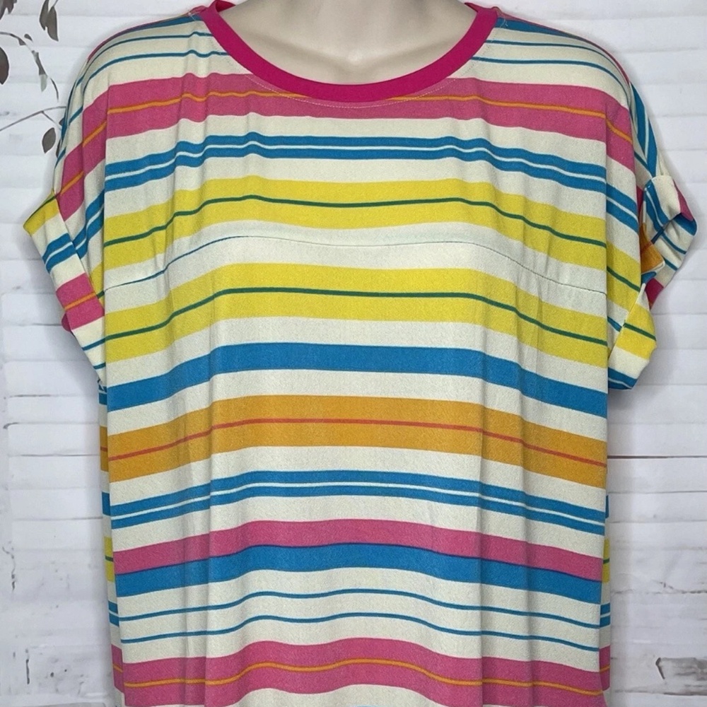 LuLaRoe Leah Womens Striped Cuff Sleeves Moss Crepe Tunic T Shirt Top XS X Small
